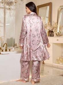 3件套女士优雅印花撞色吊带背心、长袖上衣和裤子睡衣套装，秋冬服装 - 彩色 - 查看 2