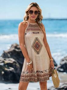 Sylviya 波西米亚风印花露背无袖女式连衣裙，太阳裙，夏季女装，度假装 - 彩色 - 查看 1