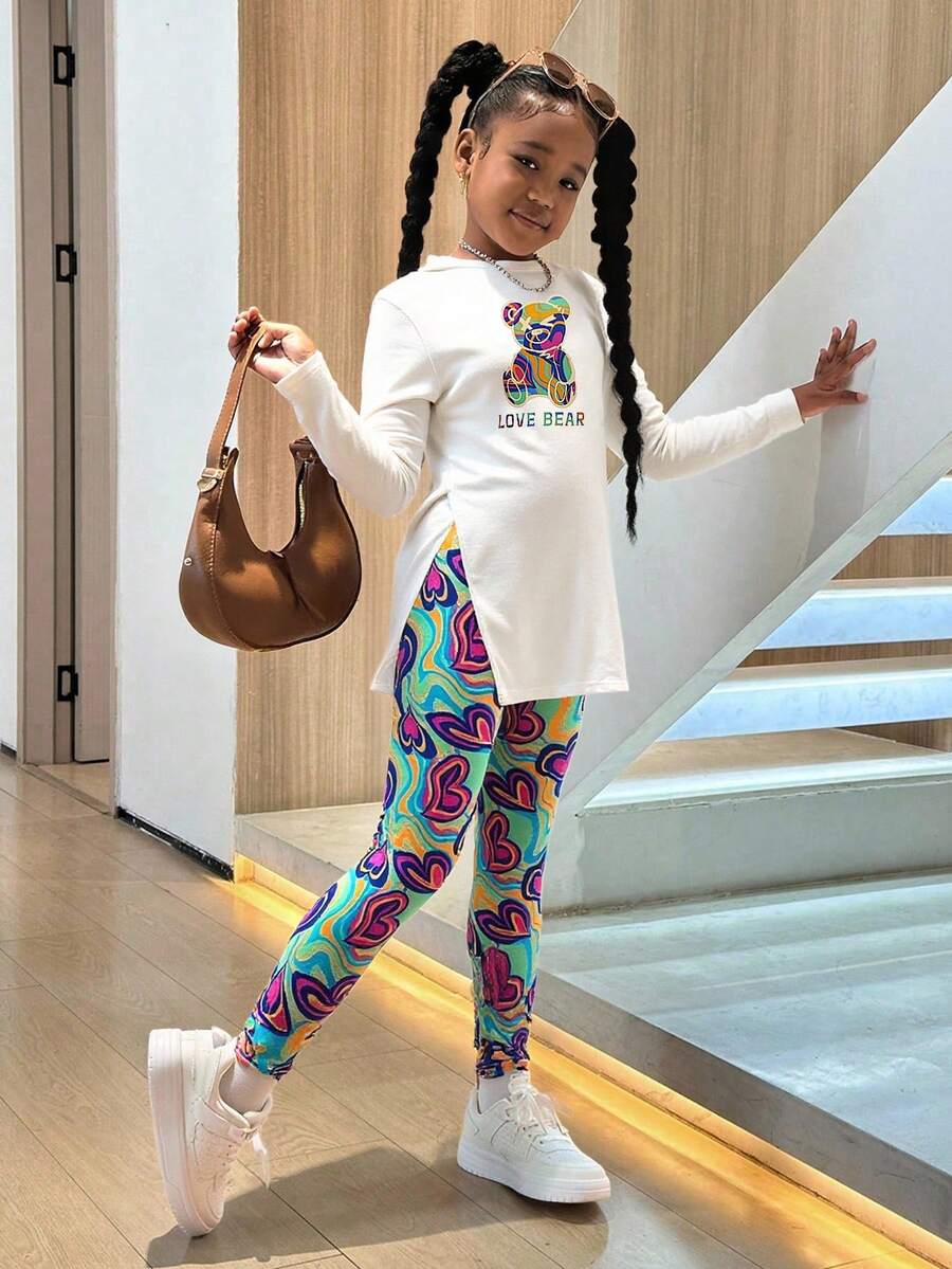 SHEIN Vibrant Long Sleeve Co-Ords For Tween Girls With Fun Letter Print And Colorful Patterns Tween Leggings Set Tween Girl Outfits Kids Long Sleeve Shirt Outfit Kids Heart Leggings Fall Winter - Multicolor - View 1