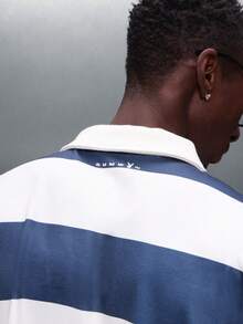PLAYBOY X SUMWON Crop Fit Men Long Sleeve Striped Rugby Polo Shirt With Logo Print Casual Collar Button Placket Top - Blue and White - View 6