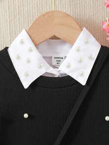Elladie kids 3件套女童时尚优雅连衣裙套装，休闲纯色衬衫裙+串珠背心+串珠迷你包，春秋季 - 黑色 - 查看 7