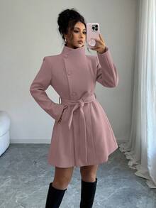 Áo khoác ngoài dài vừa phải, cổ đứng, cài nút đơn, thắt eo Elenzga dành cho nữ - Hồng - Xem 5