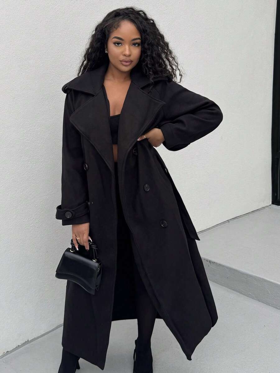 Alexandranx New Windproof Coffee Long Cinched Waist Double-Breasted Decorative Lapel Trench Coat, Casual Style In Fall/Winter - Black - View 1