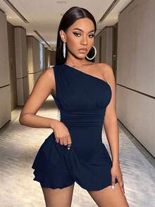 BamGleam Women's Oblique Shoulder Ruffle Hem Bodycon Jumpsuit - Navy Blue - View 5