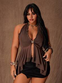 Rustia Y2K蝴蝶金属装饰不对称下摆性感吊带背心/吊带衫（女款） - 巧克力棕 - 查看 3