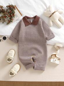 1pc Coffee Color Infant Romper, Peter Pan Collar Striped Long Sleeve, Casual Minimalist Fashion Jumpsuit - Coffee Brown - View 1