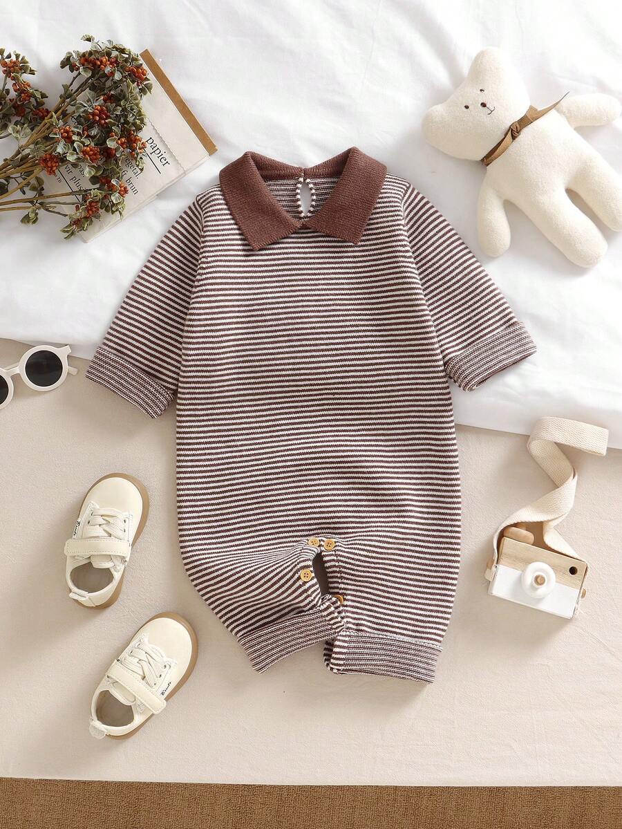 1pc Coffee Color Infant Romper, Peter Pan Collar Striped Long Sleeve, Casual Minimalist Fashion Jumpsuit - Coffee Brown - View 1