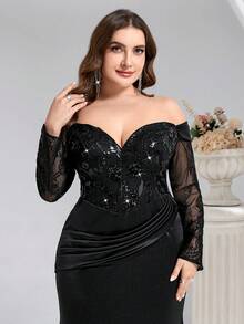 Coutiva Đầm dạ hội cỡ lớn sang trọng, phối ren và lưới, tay dài, trễ vai, dáng đuôi cá, thích hợp cho mùa thu đông, dự tiệc cưới, lễ tốt nghiệp, sinh nhật, Giáng sinh, tiệc tùng, ngày Valentine. - màu đen - Xem 3