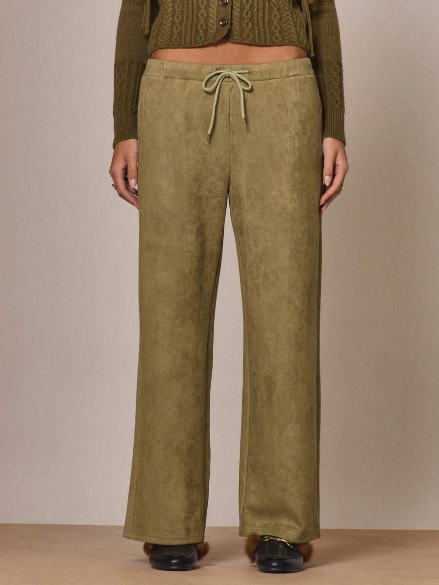 MUSERA Pantalones de pierna ancha con cintura de lazo de ante sintético, estilo cottage core, lindos y acogedores, llamada del campo, casuales de verano - Verde militar - Ver 1