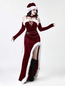 ROMWE Gothic Style Velvet Patchwork Fur Trim High Slit Fitted Dress - Burgundy - View 7