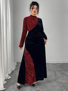 Modelyn 大码女式立领长袖丝绒拼接优雅派对连衣裙，秋冬款 - 彩色 - 查看 5