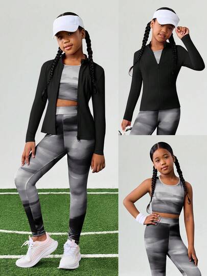 JNSQ Tween Girl 3-Piece Outfit Set: Tie-Dye Knit Elastic Comfortable Cropped Tank Top, High Waist Leggings, And Long Sleeve Sports Jacket, Suitable For Autumn/Winter Daily Wear, Outdoor Activities, Vacation, Streetwear, Party, Leisure, Yoga