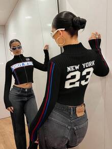 SHEIN ICON 女士字母图案立领短款拉链毛衣 Y2K 露脐上衣 白色露脐上衣 纽约风上衣 Y2K 上衣 拉链露脐上衣 秋季女装 - 黑色 - 查看 1