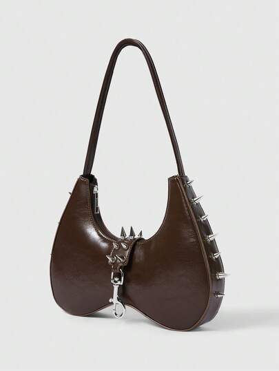 Grunge Punk Y2K Baddie Crescent Moon Goth Cross Body Shoulder Handbag For Women, Black