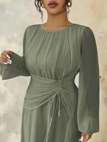 Roveilla Plus Size Women's Spring/Summer French Romantic Sicily Elegant Casual Commute Vacation Christmas Party Solid Brown Round Neck Ruched Waist Drawstring A-Line Elastic Waist Long Sleeve Maxi Dress Dress Modest Sage Green Dress Formal Sage Green Bridesmaids Dress Mother Of Groom Dress Long Sleeve Elegant Dress - Army Green - View 6