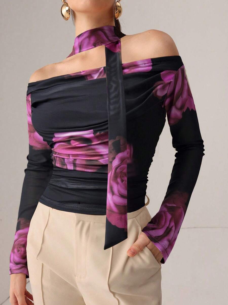 Modelyn Áo thun lưới mỏng dệt kim in ruy băng gợi cảm mùa thu - màu đen - Xem 1