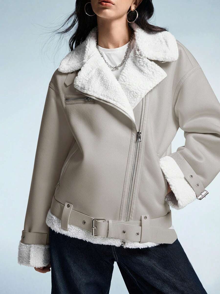 GENKIRA Áo khoác dáng dài vừa phải, chất liệu lông cừu dày phong cách đường phố, họa tiết xe máy cổ điển, giả da lộn, viền thắt lưng, dành cho nữ, quần áo ấm áp mùa đông - Màu be - Xem 1