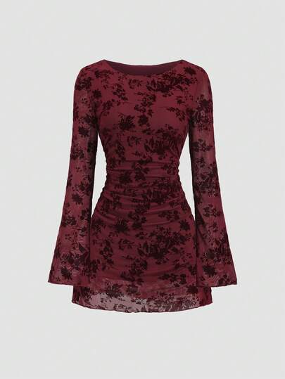 Sweetra Petite Elegant Flocked & Mesh Flared Long Sleeve Mini Dress, Burgundy, Suitable For Christmas, New Year Party, Petite Size, Autumn/Winter