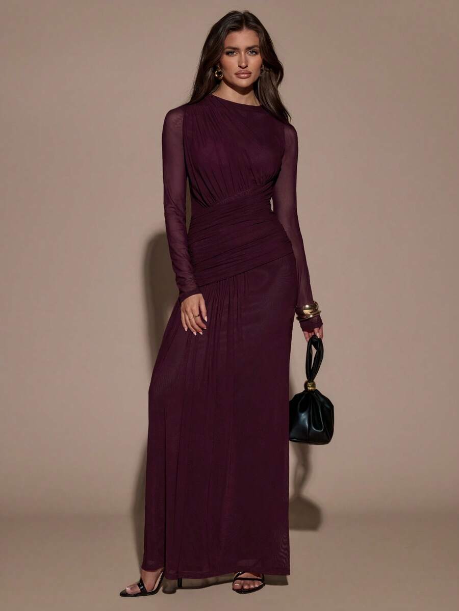 SHEIN BAE 女士纯色圆领网纱拼接长袖褶皱修身优雅连衣裙 - 紫色 - 查看 1