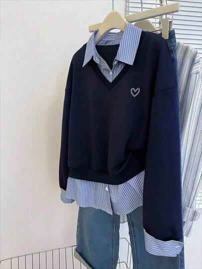 Resyla Women's Striped Patchwork Shirt Collar Drop Shoulder Long Sleeve Casual Sweatshirt