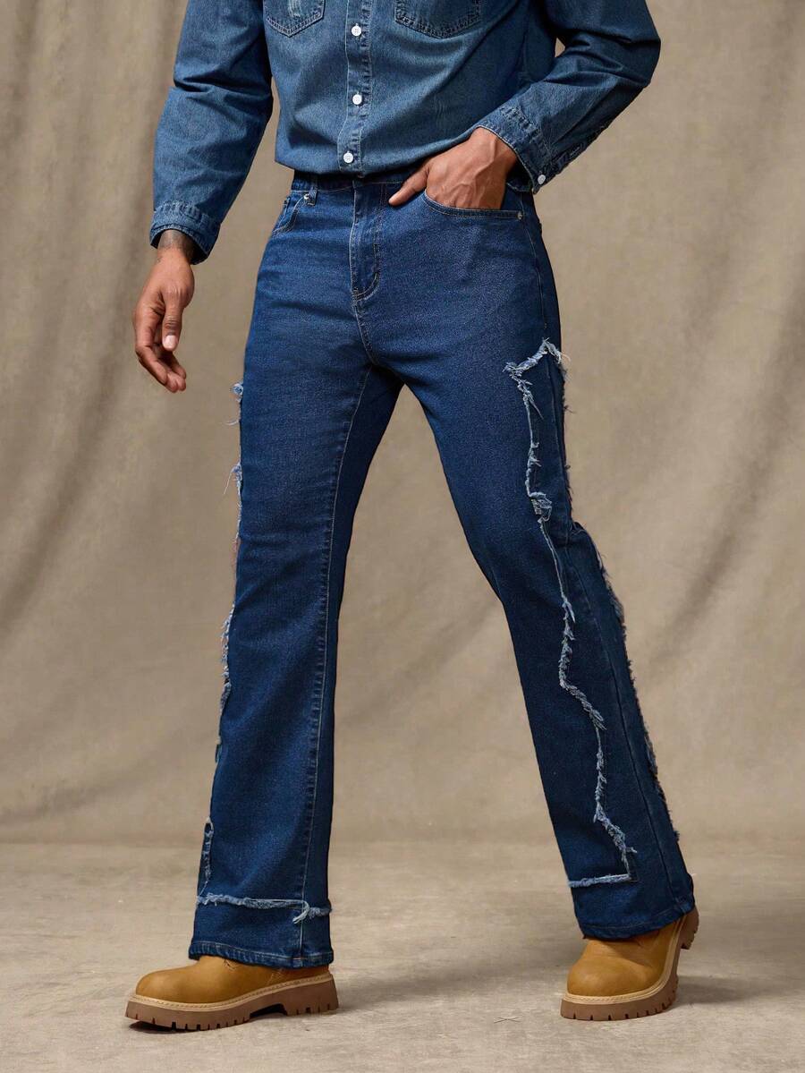 RivetRise Quần jeans ống loe tua rua phong cách phương Tây cổ điển dành cho nam - Rửa tối - Xem 1