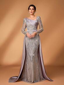 Serin Elegant Luxurious Embroidered Sequin Splice Satin Sleeve Mermaid Maxi Dress With Voluminous Skirt, Suitable For Weddings, Events, Parties, Vacations, Balls, Mother Of The Bride Formal Gowns - Champagne - View 5