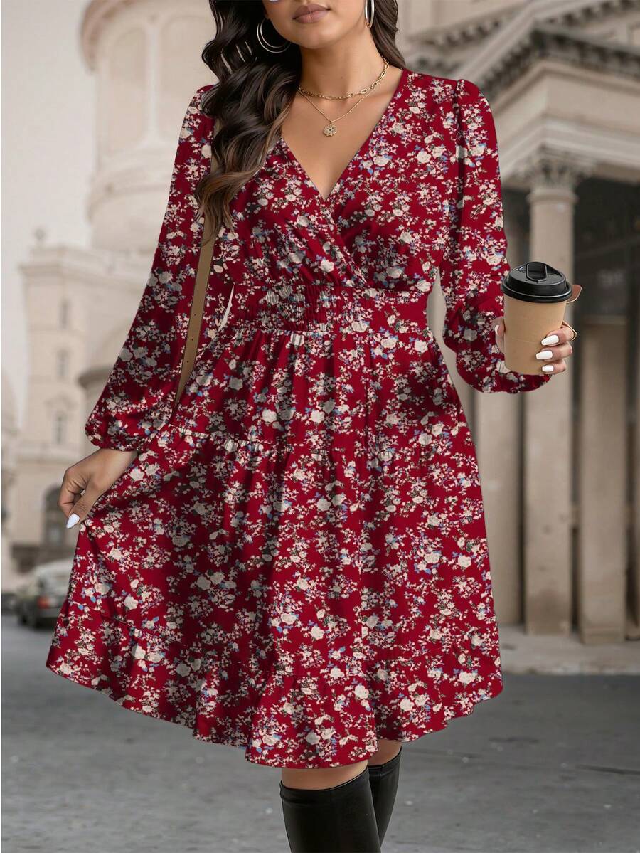 EMERY ROSE Plus Size Women Floral Print Surplice Shirred Lantern Sleeve Cinched Waist Dress - Multicolor - View 1