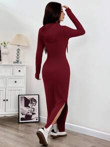 SHEIN EZwear 女士酒红色连帽抽绳腰身修身长袖针织连衣裙，可叠穿，秋冬季 - 玫瑰紅 - 查看 2