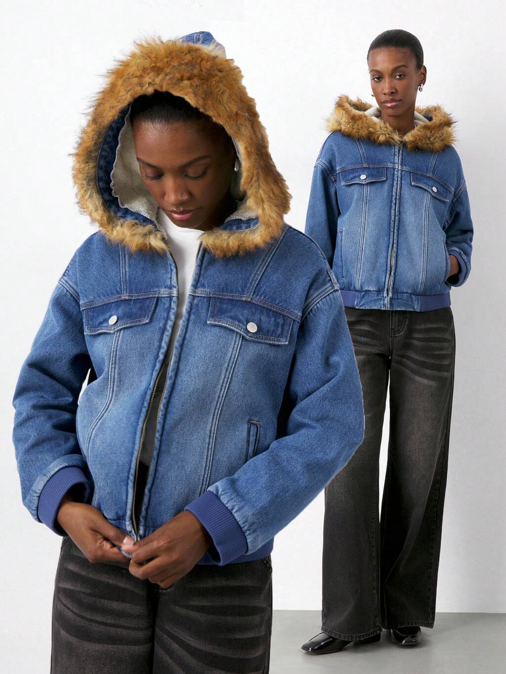 SHEIN Maija Cappotto di cotone con fodera termica e bordo in pelliccia, giacca con cappuccio per autunno e inverno, stile retrò americano
