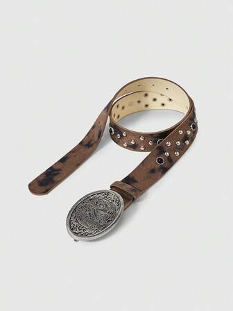 Goth 1pc Coffee Color Faux Fur Tiger Grain Textured Round Rivet Design Metal Carved Buckle Belt, Fashion Versatile Minimalist Wild Unisex Accessory Suitable For Daily, Party, Date, Travel, Halloween, Christmas And More