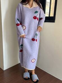 DAZY Cherry Pattern Contrast Color Lapel Loose Long Sleeve Knitted Nightgown, Women Autumn/Winter Sleepwear Dress, Moo Moo Night Dress Pajamas - Blue - View 5