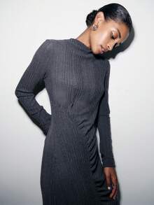 Nöista Elegant Long Grey Ribbed Dress Featuring A High Neckline, Soft Stretch Texture And A Ruched Waist That Creates A Refined And Feminine Shape; An Ideal Spring Break Outfits Piece For Birthday Outfits For Women Clothes Evenings, Elegant Celebrations And Sophisticated Seasonal Occasions That Call For Comfort With A Sleek Modern Finish. - Dark Grey - View 3