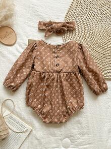 Vintaside Kids Baby Girl Corduroy Floral Bodysuit, Fashionable & Adorable, Suitable For Everyday Wear - Multicolor - View 2