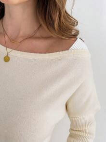 Easowa Beige,Automne,Élégant,Robe pull tricotée asymétrique à l'épaule ajustée pour brunch pour femmes,Tenue de réveillon du Nouvel An et de Noël blanche - Nude - Voir 6