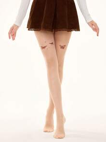ROMWE Grunge Punk 1 Piece Of Minimalist Style Solid Color Pantyhose, Pastoral Style Butterfly Leggings, Ultra-Thin Elastic Meat-Permeable Stockings, Four-Season Versatile Classic Tights. - Khaki - View 2