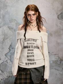 ROMWE EDITION Women's Vintage Casual Off-Shoulder Distressed Spaghetti Strap Letter Logo Print Pullover Sweater - Apricot - View 8