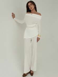 Aloruh Women's White Autumn Elegant Semi Formal Two Piece Pants Set,Ruched One-Shoulder Irregular Hem Top & Draped Straight-Leg Pants Office Party Outfit - White - View 6