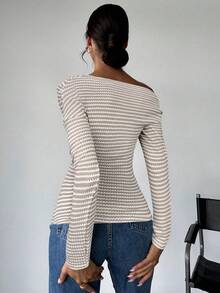 Firerie Damen Strukturiertes gestreiftes asymmetrisches Kragen Wickel Langarm T-Shirt Top, Gestreiftes Damen Bluse, Wickel Langarm Damen T-Shirt, Gestreiftes T-Shirt, Gerafftes T-Shirt, Schulterfrei Konvertibles T-Shirt Top, geeignet für Frühling, Sommer, Herbst, Winter, Pendeln, Elegant, Lässig, Alltag, Bürokleidung - Verschiedenfarbig - Übersicht 6