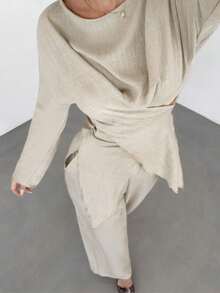 Siren Gaze 女士裹腰长袖衬衫和直筒裤套装，秋冬季休闲两件套 - 杏色 - 查看 5