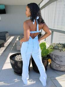Steph T Mono vaquero sin mangas y espalda descubierta de estilo callejero de verano para mujeres - Lavado ligero - Ver 2
