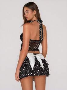 Sweetina Áo tank top nữ chấm bi cổ yếm, vạt xoắn, dáng ngắn, thanh lịch, thường ngày, kiểu tank top. - Đen và trắng - Xem 2