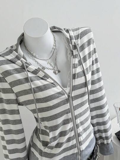 Elamini Gray & Black Striped Long Sleeve Loose Ribbed Zip-Up Sweatshirt For Women, Elegant & Cute, Suitable For School, Graduation, Casual, Sports, Daily Wear In Autumn/Winter