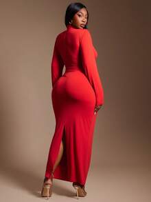 SHEIN SXY Abito attillato con collo alto, taglio e arricciatura, stile urbano resort per Capodanno cinese, adatto per uso quotidiano, feste, concerti, taglie forti 2025 - Rosso - Visualizzare 7