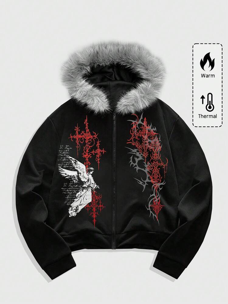 ROMWE MEN Goth Sweat-shirt à capuche zippé pour hommes avec imprimé ange et col en fourrure