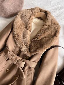 SHEIN Elegant & Refined Coat For Teen Girl Patchwork Fluffy Belted Slim Long Coat For Commuting & Outdoor, Luxurious Jacquard Fluffy High-End Fashion Coat - Khaki - View 4