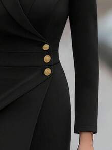 Balvessa 秋冬新款金属扣翻领垫肩长袖系带不对称成熟优雅女士中长连衣裙 - 黑色 - 查看 5