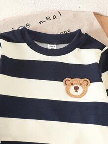 SHEIN Explorewe Young Boys' Cute Bear Graphic Colorblock Striped Crew Neck Long Sleeve Top,Solid Blue Slim Fit Pants,Casual Outfit For Summer,Family Matching Outings - Multicolor - View 7