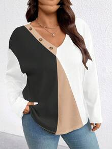 EMERY ROSE Plusstorlek Dam Casual Texturerad Patchwork Långärmad Kontrastfärgad T-shirt, Lämplig För Vardagsbruk Och Semester - Svart och Vitt - Visa 5