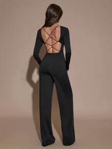 SHEIN BAE Autumn Solid Black Elegant Night Out Backless Jumpsuit,Women's Square Neck Long Sleeve Wide-Leg Jumpsuits For Party,Daily,Date,Formal,Valentine - Black - View 1