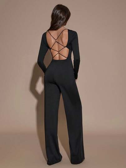 SHEIN BAE Jumpsuit Tanpa Punggung Warna Hitam Polos Elegan untuk Acara Malam Hari di Musim Gugur, Jumpsuit Wanita Lengan Panjang Leher Persegi dengan Kaki Lebar untuk Pesta, Sehari-hari, Kencan, Acara Formal, dan Hari Valentine